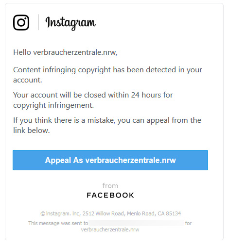 Phishing-Beispiel mit Instagram-Logo in der E-Mail. Text: 