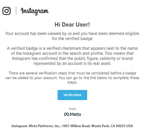 Screenshot einer Phishing-Mail mit Logos von Instagram und Meta. Text: 