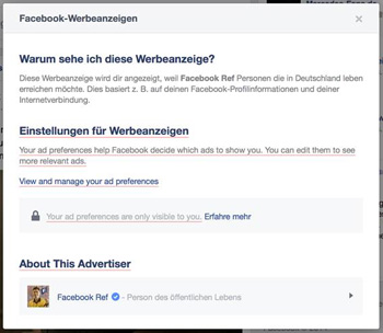 Die Erklärung, weshalb auf Facebook eine bestimmte Werbung angezeigt wird. Foto: Facebook