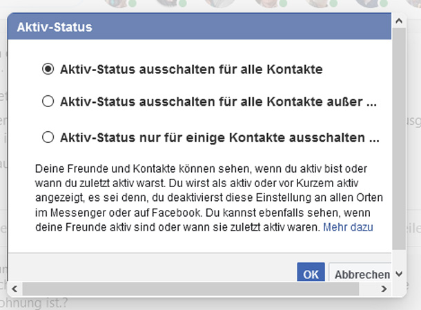Screenshot: Facebook erlaubt die Möglichkeiten, die Aktivität für alle unsichtbar zu machen oder nur für bestimmte Personen.