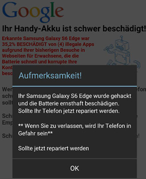 Einer falschen Virenwarnung informiert in schlechtem Deutsch darüber, dass die Batterie des Smartphones beschädigt wurde.