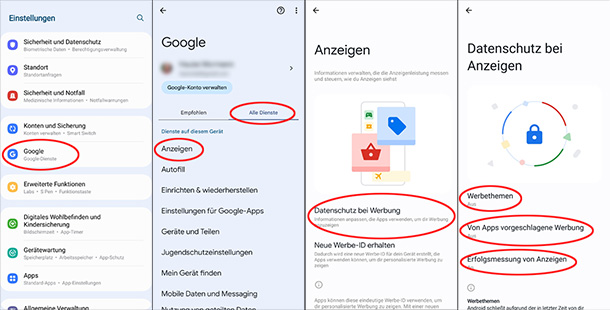 Screenshots der Android-Einstellungen für personalisierte Anzeigen über die Werbe-ID.