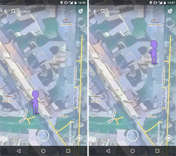 Zwei Screenshots eines Handydisplays zeigen zwei Stadtpläne nebeneinander und eine Figur, die die Position des Smartphone-Nutzers im Abstand von zwei Minuten anzeigt. Foto: checked4you.de